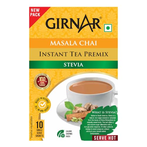Image of Girnar Instant Masala Chai Premix With Stevia Black Tea Granules-10 Sachets,90 Grams