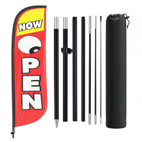 QIZRON Now Open Feather Flag Kit for Business 8ft Weather-Resistant Swooper Banner with Pole Kit & Ground Stake for Grand Opening Storefront Sidewalk Events