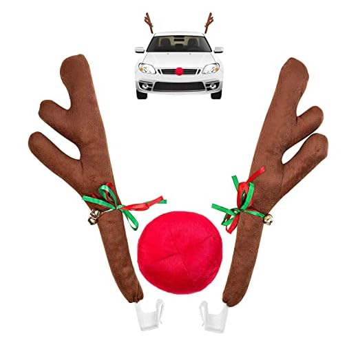 Car Christmas Reindeer Antler Decorations, Vehicle Christmas Car Decor Kit with Jingle Bells Rudolph Reindeer and Red Nose, Auto Accessories Decoration Kit Best for Car SUV Van Truck, Xmas Gift Set