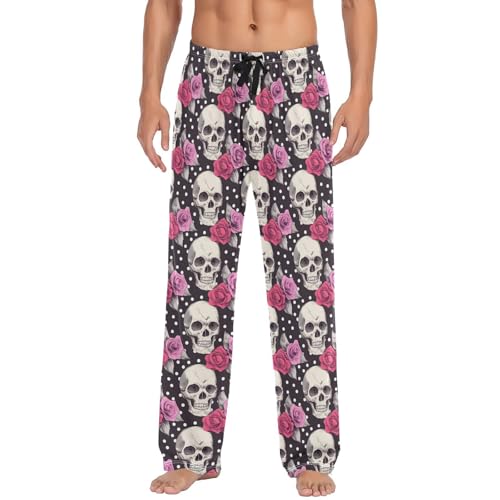 Men's Pajama Pants Skull Pink Roses Pajama Pants for Men PJs Bottoms Drawstring Pockets Sleep Lounge Pants S