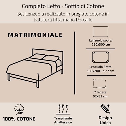 Riad Arredo Set Completo Letto In 100% Cotone Morbido Mano Percalle - Completo Letto Lenzuola Sotto Con Elastico | Lenzuola Da Sopra | Federe (Capri Tortora, Matrimoniale) - 2