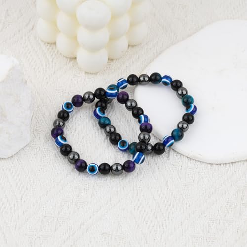 Image of Evil Eye Bracelet for Men Women - Triple Protection Bracelet - Tiger Eye and Black Obsidian Chakra Energy Healing Bracelet - 8mm Beads Good Luck Prosperity and Happiness Crystal Jewelry Stone