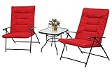Skiway 3-Piece Patio Padded Folding Chair, Outdoor Adjustable Reclining Lounge Chairs with Tempered Glass Table for Porch, Deck, Balcony or Yard (Red)