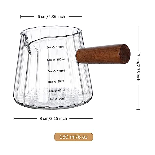 Image of Joeyan 6 oz Glass Measuring Cups with Spout,Borosilicate Glass Triple Pitcher with Scale,Origami Style Espresso Shot Glasses with Wood Handle for Coffee Milk,Dishwasher Safe