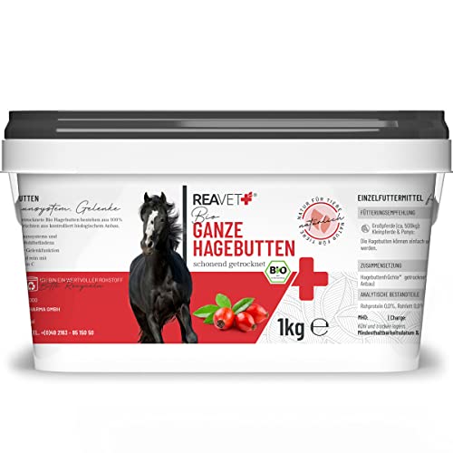 ReaVET Hagebutten Pferd getrocknet 1kg – Ganz in Bio Qualität, Getrocknete Hagebutten für Pferde, Zusatzfutter für Vitamine und Gelenke