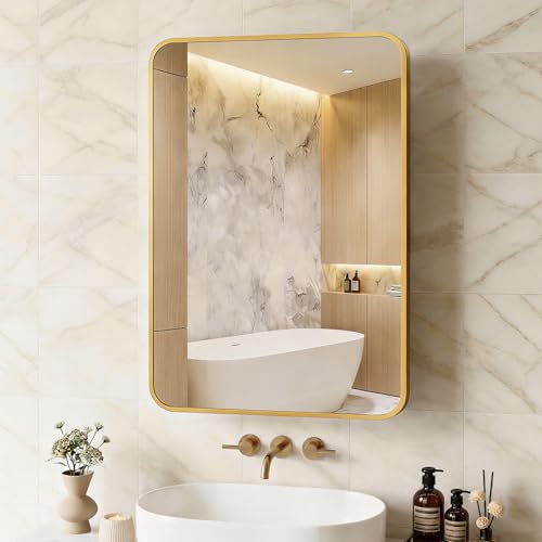 Image of ACEMIRO 20x28 Inch Gold Recessed Medicine Cabinet with Mirror Metal Framed Surface Wall Mounted Bathroom Medicine Cabinet Mirror with Storage