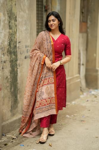 Image of GoSriKi Kurta Set Women Viscose Printed | Kurti Set Woman | Kurta Pant Dupatta 3 Piece Outfit | V-Neck Elbow Length Sleeve Straight Fit Ethnic Wear Ladies Dress Stylish Traditional Clothing