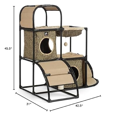 Prevue Pet Products Catville Townhome - Indoor Cat Tower with Scratching Post, Multi-Level Cat Tree Condo for Climbing, Condo with Perches, Furniture, and Dangling Toys - Leopard Print