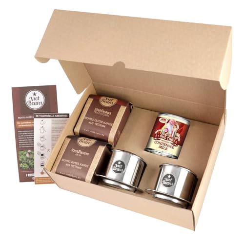 VietBeans Vietnamesisches Kaffee Starterset Frühstück zu zweit - 2 x 250g gemahlener Röstkaffee + 2 x Edelstahlfilter (Phin) + gez. Kondensmilch (Großes Frühstück zu Zweit)