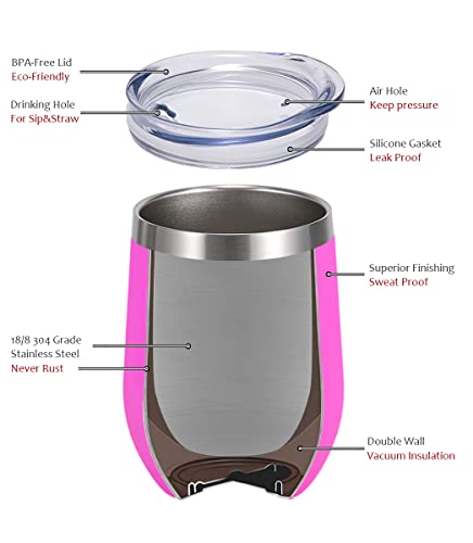 Sunwill Vaccum Insulated Wine Tumbler With Lid (Magenta), Stemless Stainless Steel Insulated Wine Glass 12Oz, Double Wall Durable Coffee Mug, For Champaign, Cocktail, Beer, Office Use #TOP1