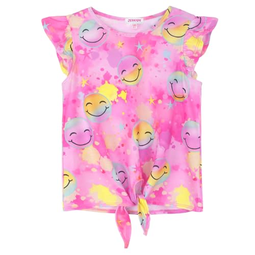 Image of JESKIDS Girls Short Sleeve Shirts Ruffle Tie Front Unicorn /Tie Dye Print Summer Tee Tank Tops 3-11 Years