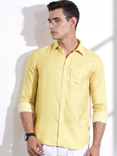 Image of Thomas Scott Men's | Printed | Textured Fabric | Full Sleeve | Regular Fit | Linen Blend | Single Pocket | Spread Collar | Casual Shirt