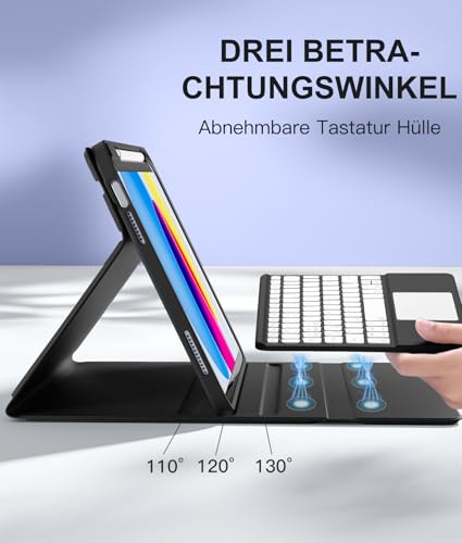 Vobafe Touchpad Hülle mit Tastatur für iPad A16 11 10 Generation 2025 2022, 11/10,9 Zoll, Magnetische Abnehmbar Tastatur, 7 farbige beleuchteter, mit Stifthalter, QWERTZ Layout, Schwarz 5