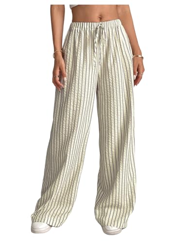 Floerns Women's Striped Wide Leg Drawstring Pants Elastic Waist Casual Loose Trousers