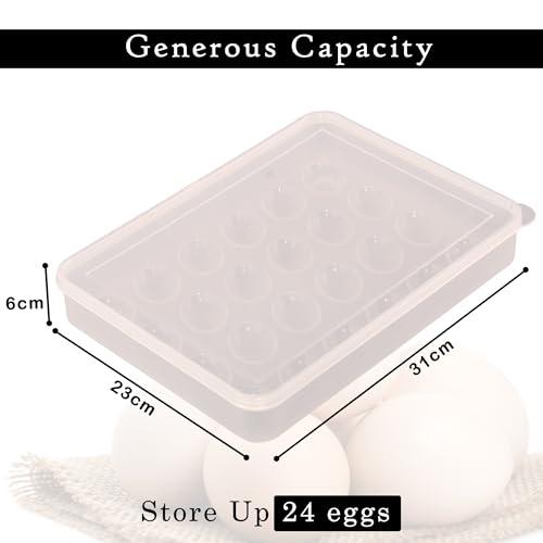 Image of Kuber Industries Plastic Egg Tray for Fridge | 24 Grid Egg Storage Box for Fridge Kitchen & Pantry | Stackable Eggs Dispenser Holder with Lid - White