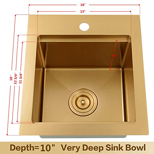 Lqs Drop In Bar Sink, Stainless Steel Small Kitchen Sink, Gold Bar Sink,Top Mount Single Bowl Stainless Steel Kitchen Sink 16" X 18", 16 Gauge Workstation Rv Sink #TOP2