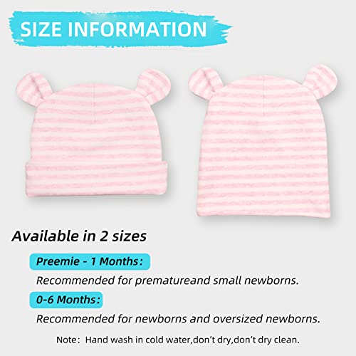 Image of Original Cotton Newborn Hats for Girls Striped Preemie Baby Hats Bear Ears Infant Boys Beanies 0-6 Months