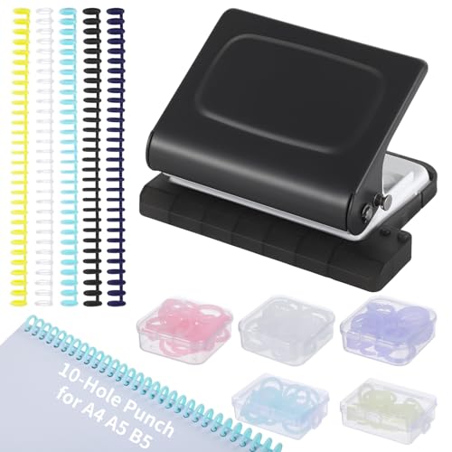 10-Hole Binder Machine Kit, Manual Binding System with 10 Pcs Loose Leaf Binding Spines & 100 Pcs Binder Rings, Binding Machine for Planner, 26 Holes on B5, 30 Holes on A4, 20 Holes on A5