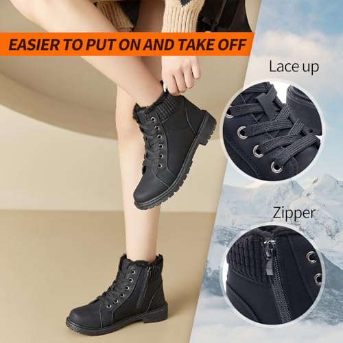 Uoidru Combat Boots For Women Ankle Booties Black Winter Snow Boots White Lace Up Boots Comfort Fuzzy Boot Side Zipper Short Boots4