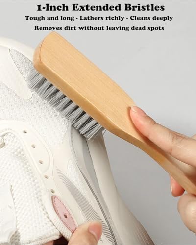 Image of Scrub Cleaning Brush for Stains -Wood Handle Scrubbing Brushes,Cleaning Scrubber Brush for Fabric,Carpet,Clothes,Bathroom,Long Handle Cleaner Brush for Sneakers, Tennis, Canvas & More-2Pack