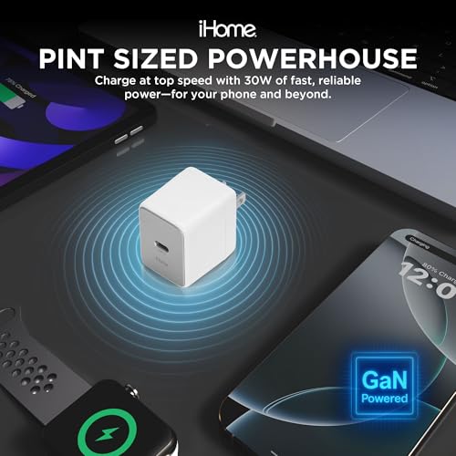 iHome GaN Universal Charger, USB C Block with Power Delivery, Folding Prongs, Travel Friendly, Compact for Phone, Tablet, and USB-C Devices (White, GaN 30W) by iHome - Image 2