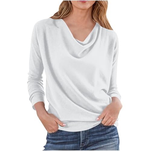 Women's Cowl Neck Ruched Tops Draped Front Long Sleeve Tee T Shirt Teacher Outfits Solid Color Work Trendy Tops White XL