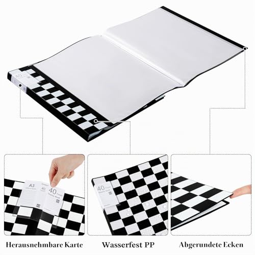 Srvnpioy 40 Taschen A3 Päsentationsdisplay Buch (2 Stück) A3 Sichtbuch Kunststoff Portfoliobuch Präsentationsbuch mit 40 Klarsichthüllen für Portfolios, Gemälde, Kunstwerke, Zeichnungen, Schwarz