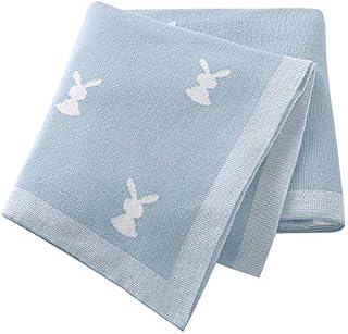 Hadetoto Baby Blanket 100% Cotton Blankets Knitted Baby Blanket Bunny Pram/Travel/Moses Basket (100x80cm) Blue