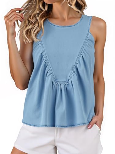 Cicy Bell Womens Babydoll Peplum Denim Tank Tops Loose Fit Swing Flowy Shirred Sleeveless T Shirts Going Out Cute Tees