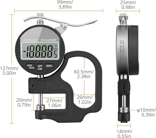 Image of Digital Thickness Gauge with Lever Handle - Electronic Micrometer Measuring Tool (0-12.7mm / 0.5 Inch) with LCD Display, 0.01mm Accuracy, Inch /MM Conversion (12.7mm)