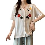 [MaadeaNoeTe] サマーニット レディース カーディガン 半袖 Vネック トップス リブニット Tシャツ 薄手 おしゃれ 可愛い 夏セーター カットソー 着痩せ 柔らかい ゆったり 花柄 刺繍 無地 シンプル 春 夏 秋 通勤