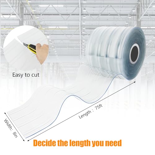 Image of Plastic Strip Door Curtain Roll 150' Length x 8 inch Width x 0.08 inch Thickness Clear Ribbed PVC Curtain Strip Plastic Door Strips for Doorway of Supermarket Garage Warehouse Barn Pet Animal House