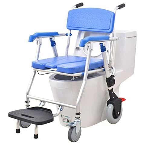 LXBH Folding Toilet Shower Chair, Height Adjustable Commode Wheelchair with Removable Pot Folding Pedal and Sponge Cushion Mobile Bedside Commodes for Elder Disabled People Soft seat Cover