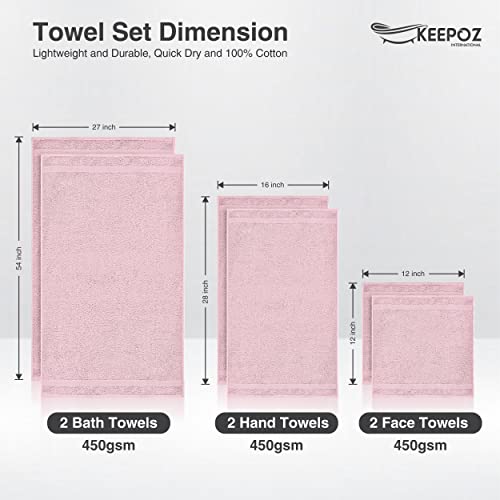 Keepoz Ultra Soft 6-Piece Premium Towel Set 2 Wash Cloths, 2 Hand Towels, 2 Bath Sheets 100% Ring Spun Cotton Super Absorbent Towels For Bathroom - Ideal For Everyday Use Gym, Hotel, And Salon (Pink) #TOP1