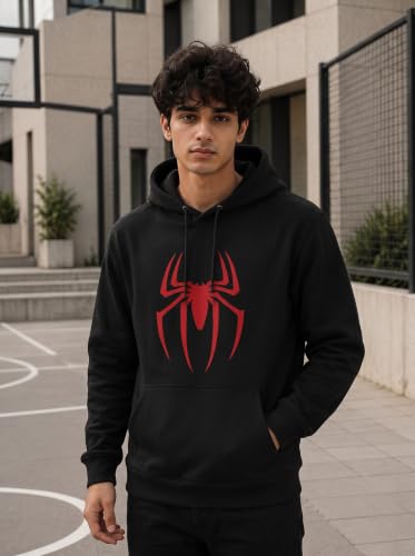 Image of More & More HOODMASTER Men's Cotton Hoodie Sweatshirt with Full Sleeves Regular Fit Solid Pattern Spider Printed Theme Hooded Neck and Standard Length | Cotton Hoodie Sweatshirt for Men