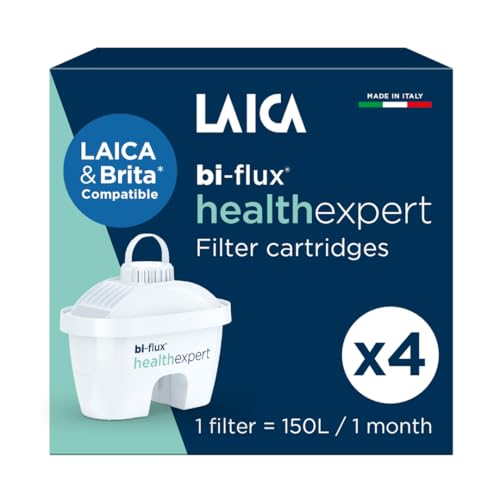 LAICA bi-Flux Healthexpert Water Filter Cartridges 4 pk - Fits Brita Jugs* - Enhances Magnesium, Reduces PFAs up to 92%*, Microplastics, Chlorine, Limescale & Heavy Metals - Made & Sterilised in Italy