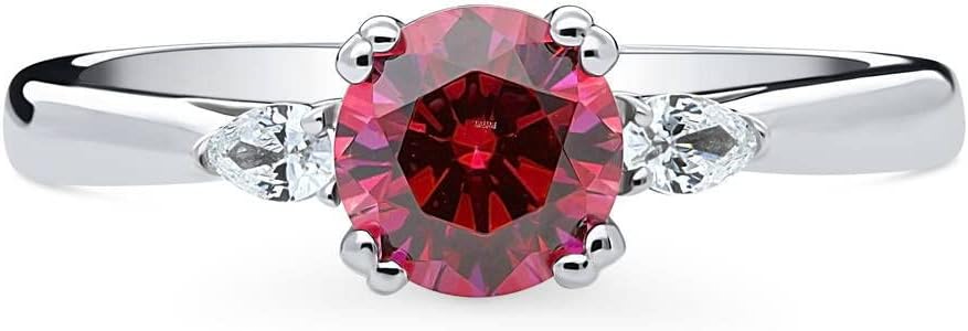 BERRICLE Sterling Silver 3-Stone Red Round Cut Cubic Zirconia CZ Fashion Anniversary Ring for Women, Rhodium Plated 0.8 Carat