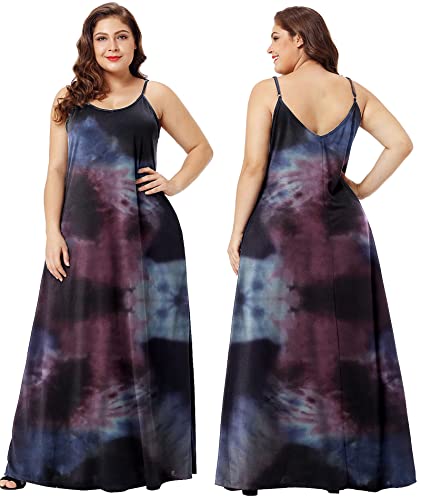 Wolddress Womens 2023 Casual Sleeveless Sundress Plus Size Loose Plain Long Summer Beach Maxi Dress With Pockets Tie Dye Nebula Red 1X #TOP3