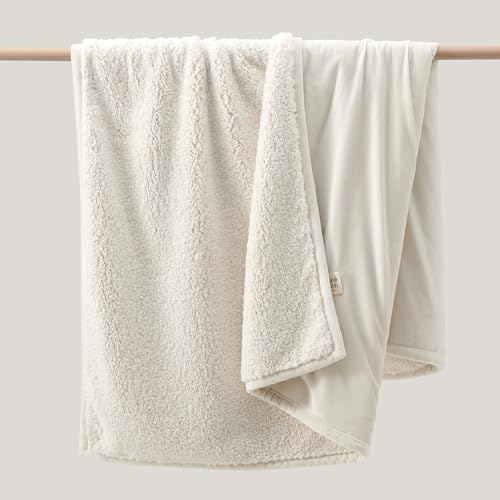 Double Stitch by Bedsure Faux Fur Throw Blanket - Ultra Soft Teddy Sherpa Blanket for Couch - Luxury Decorative Fleece Blanket, Fluffy Blanket Throw, Perfect House Warming Gift, 50\" x 60\", Cream