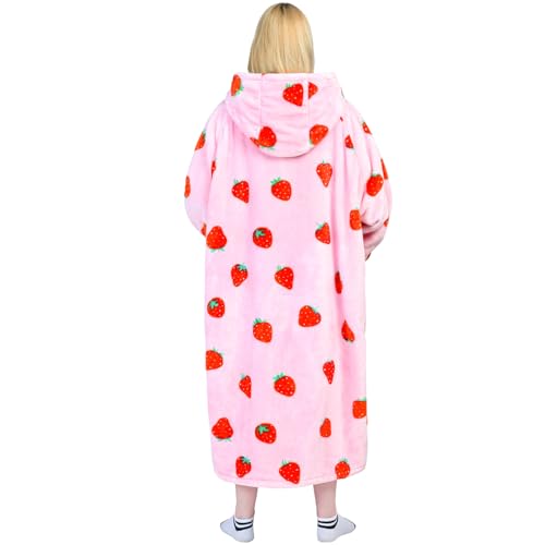 Image of Waitu Wearable Blanket Sweatshirt Gifts for Women and Men, Warm and Cozy Giant Blanket Hoodie, Thick Flannel Blanket with Sleeves and Giant Pocket - Strawberry Pink
