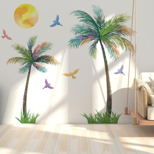 Runtoo Large Palm Tree Wall Decals Colorful Birds Tropical Plant Wall Art Stickers for Living Room Bedroom Nursery Wall Decor by Runtoo - Used condition - US$11.69