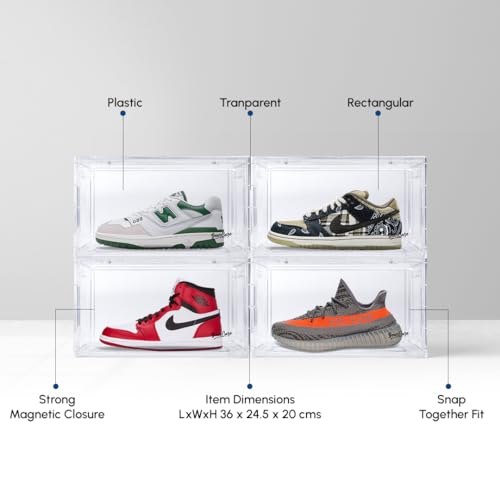 Image of Sneaker Box Transparent Pack of 4 |Front-Opening Heavy-Duty |Stackable Shoe Storage Organizer Crate with Magnetic Closure | Clear Sneaker Display and Dust-Proof Container | For Men and Women