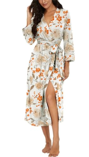 PrinStory Damski szlafrok kąpielowy z rękawami 3/4, szlafrok poranny, dekolt w serek, kimono, długi szlafrok nocny, Biała róża do szkicowania, M