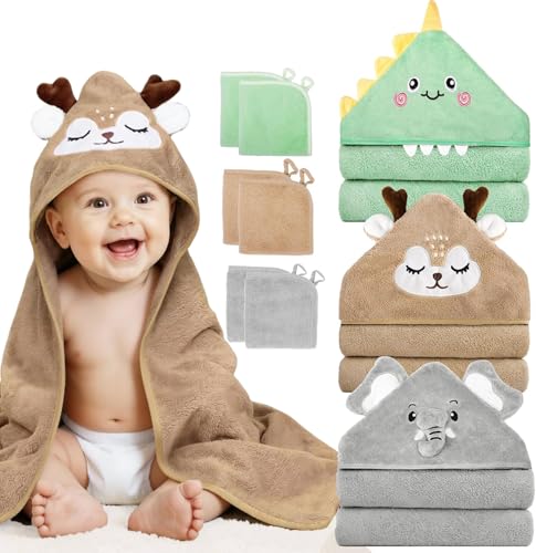 Image of CandyHome 9 PCS Baby Bath Towels for Infants Toddlers, 3 PCS Animal Hooded Baby Towels & 6 PCS Washcloths Set, Ultra Absorbent Soft Cute Newborn Bath Essentials Gifts for Boys & Girls