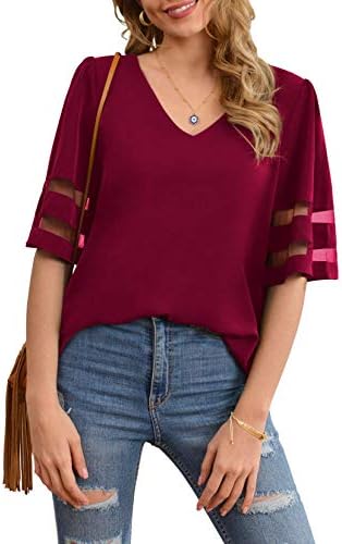 Jouica Women’s V Neck Chiffon Blouse Mesh Panel