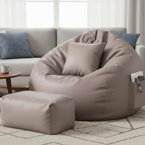 Image of Luxury 5XL Jumbo Bean Bag with Footrest & Cushion | Premium Leatherette | High-Density Beans Filled | Heavy Duty Double Stitch | 6 Months Warranty Color- (Navy Blue) (Beige)