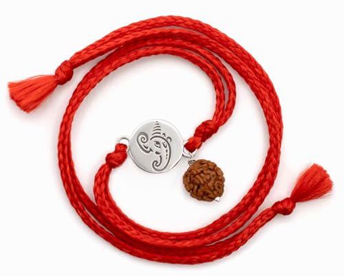 Image of Meenakari Pure 925 Sterling Silver Small Ganesha Coin with Rudraksha Rakhi set with Roli Chawal and Rakshabandhan Greeting Card For Brother /Boys /Men /Unisex