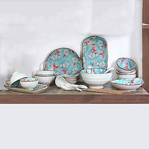 SaryEdge Set di stoviglie in Ceramica, Ciotole/Piatti/cucchiai | Set di stoviglie in Stile Giapponese, Set Combinato in Porcellana Smaltata a Fiocco di Neve, Blu, 38 Pezzi, b,Blue-30pieces