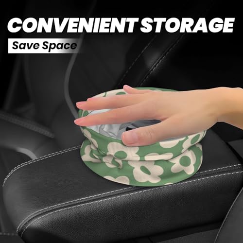Image of Car Trash Bag Vintage Green Groovy Flowers Waterproof Trash Small Car Can Portable Collapsible Car Garbage Can Hanging for Back Seat Floor or Hanging Headrest Car Decor Road Trip Essentials