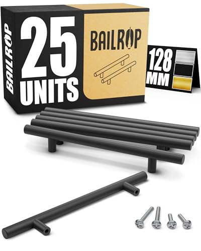 BAILROP Poignée de Meuble Cuisine Noir 128MM - Poignée Noir Meuble en Acier Inox - Poignet de Porte Cuisine et Armoire 25 UNITÉS